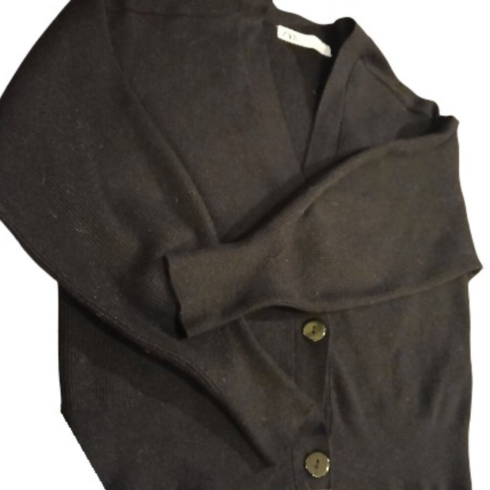 ZARA Black Ribbed Button Knit Crop Balloon Sleeve Cardigan - Picture 5 of 9